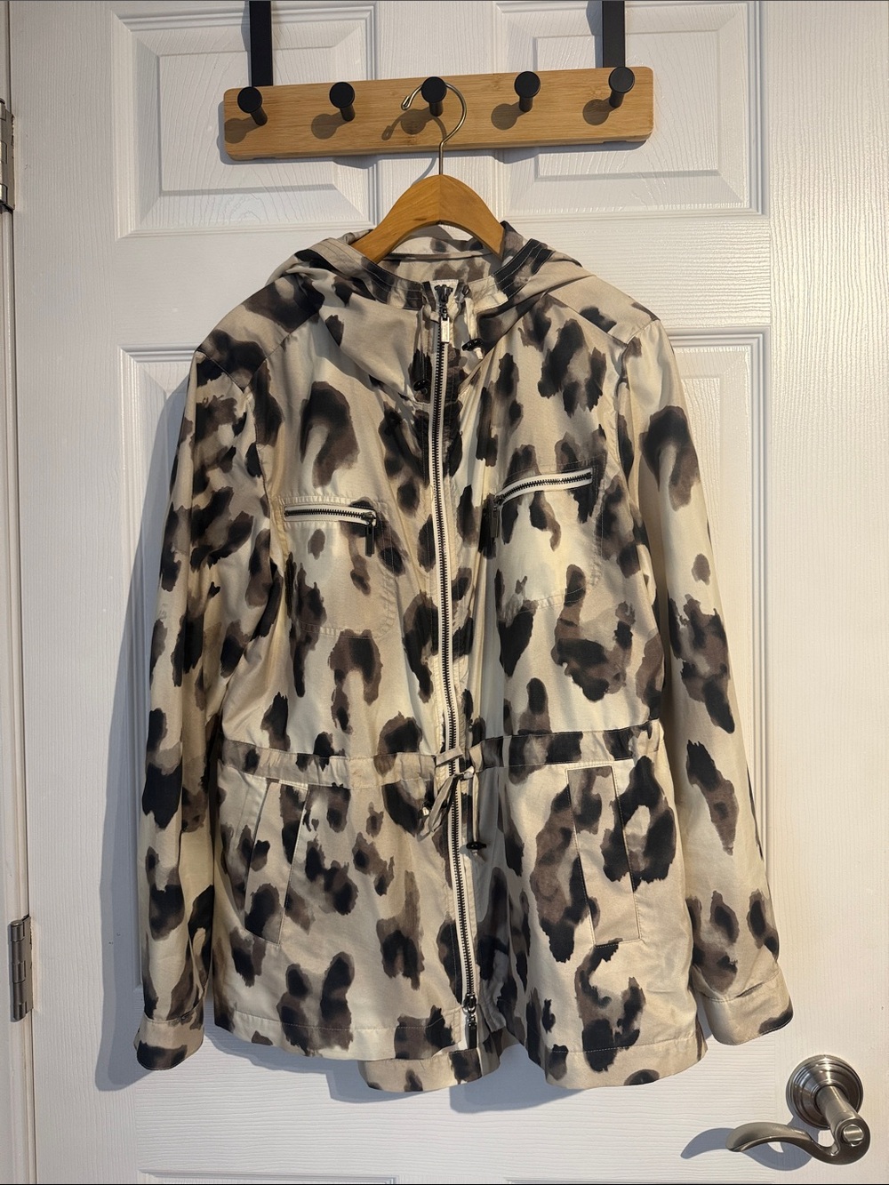Women’s Hooded Anorak Jacket - Black & Cream Animal Print